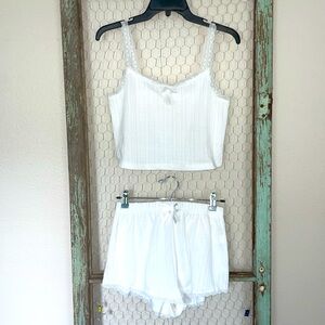 Small White Crop Top Knit $ Lace Pajama Set.